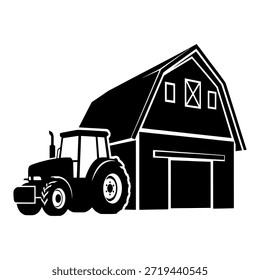 Tractor parked beside a barn, simple graphic illustration