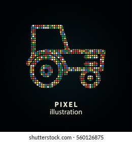 Tractor - pixel icon. Vector Illustration. Design logo element. Isolated on black background. It is easy to change to any color.
