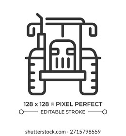 Icono de línea perfecta del píxel del tractor. Maquinaria agrícola. Vehículo de la industria agrícola. Tirando de implementos pesados. Ilustración vectorial aislada. Símbolo de contorno. Dibujo lineal simple. Trazo editable