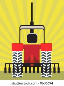  tractor ploughing field in yellow background	