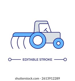 Tractor with plow line color icon. Agricultural machinery working in field. Farm plantation processing with equipment. Isolated vector illustration. Flat colorful symbol design. Editable stroke