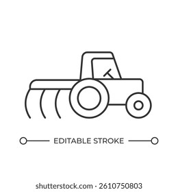 Tractor with plow line icon. Agricultural machinery working in field. Farm plantation processing with equipment. Isolated vector illustration. Outline symbol. Simple linear drawing. Editable stroke