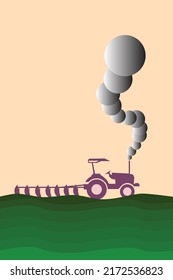 tractor plow that emits smoke. disanvantage of modern agriculture. air pollution