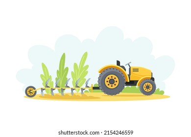 Tractor with plowing equipment. Agricultural farming machinery vector illustration