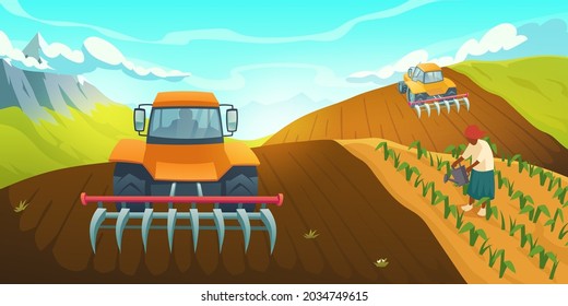 Tractor plowing farm field on rural mountain landscape with worker care and watering plants. Traditional agriculture, countryside or village life, organic production grow, Cartoon vector illustration