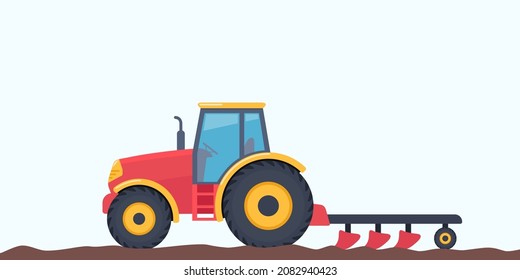 Tractor plowing the field. Agriculture concept. Farm Machine. Side view of modern tractor with plow. Vector illustration