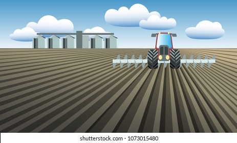 Tractor plowing field before sowing. Agriculture farming concept