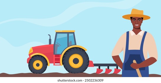 Tractor arando el campo y granjero negro se para en primer plano. Paisaje rural. Concepto de agricultura. Máquina de granja. Ilustración vectorial