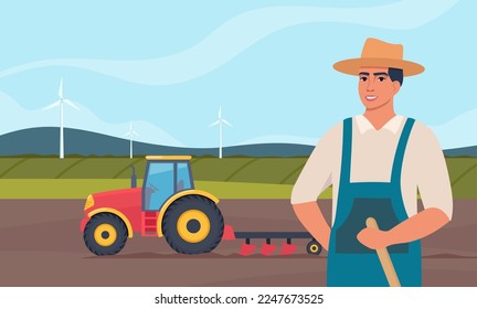 Tractor plowing the field and farmer stands in the foreground. Rural farm landscape. Agriculture concept. Farm Machine. Vector illustration