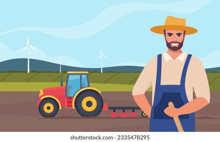 Tractor plowing the field and farmer stands in the foreground. Rural farm landscape. Agriculture concept. Farm Machine. Vector illustration