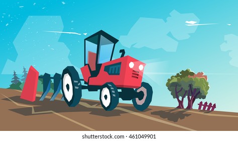 Tractor Plowing Field Farming Vector Illustration