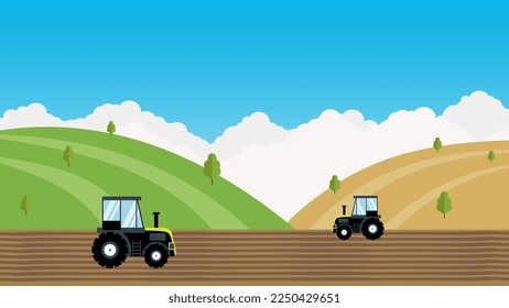 tractor plowing field on rural landscape.