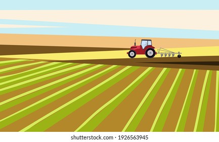 Tractor plowing a field for planting crops. Agriculture. Vector illustration