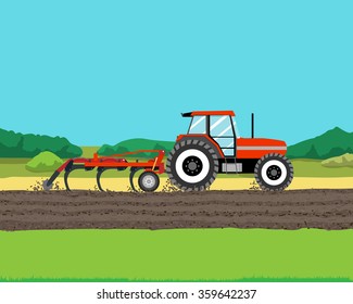 Tractor plowing a field for planting crops. Agriculture. Vector illustration