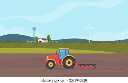 Traktor, der das Feld pflügt. Landwirtschaftliche Landschaft mit grünen Feldern auf dem Hintergrund. Konzept der Landwirtschaft. Bauernmaschine. Seitenansicht des modernen Traktors mit Pflug. Vektorgrafik