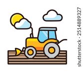 Tractor plowing field with sun and clouds. Illustration of a yellow tractor plowing a field with a sun and clouds in the background.