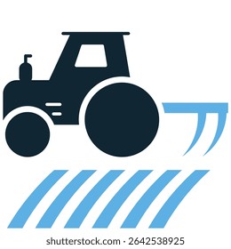 Tractor plowing icon vector illustrating land preparation for cultivation. Perfect for concepts of soil turning, seedbed preparation, agricultural work, and farm productivity.