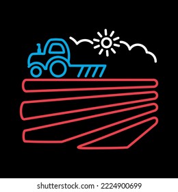 The tractor plows the field before sowing on black background icon. Spring or autumn field work. Agriculture sign. Graph symbol for web site design, logo, app, UI. Vector illustration, EPS10.
