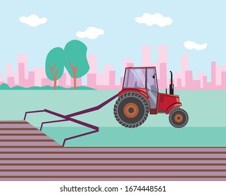 A tractor plows a field on a farm and the city is far away. Flat vector stock illustration with agricultural heavy machine as a concept of farming and eco friendly restorative care