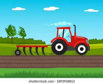 tractor plows the field in spring. agriculture concept. vector illustration