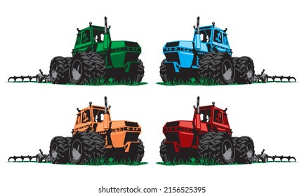 Tractor Plows The Field Vector Illustration. Agriculture Concept
