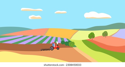 Tractor plows the ground. Background with meadows and fields. Fields of lavender. Green hills. Flat vector illustration of countryside. Rustic background with cloudy sky.