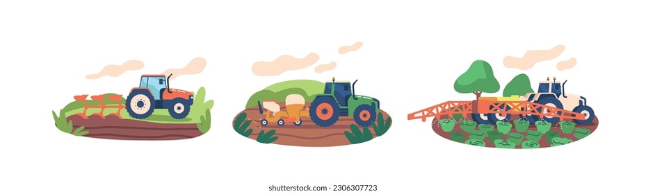 Tractor Plows, Sows Seeds, And Waters Plants Efficiently, Ensuring Proper Cultivation And Growth of Cereals