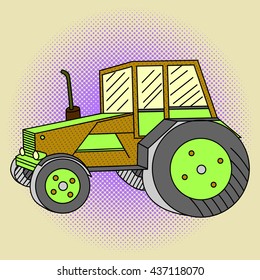 Tractor Pop art vector illustration. Beautiful green maple tree in comic style. Hand drawn