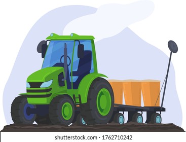 Tractor prepared haystack use agricultural device clean up autumn field isolated on white, flat vector illustration. Modern machinery harvesting farming technique grain planting cereal.