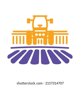 Tractor processes the earth a rural landscape vector isolated glyph icon. Agriculture sign. Graph symbol for your web site design, logo, app, UI. Vector illustration, EPS10.