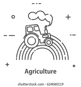 The tractor processes the field. Line icon isolated on white background. Vector illustration.