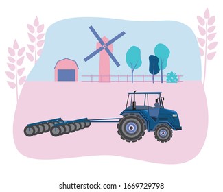 Un tractor está transformando o cosechando en un campo, cereales y un molino en el fondo. Ilustración de la población vectorial plana como concepto de agricultura ecológica o ecológica