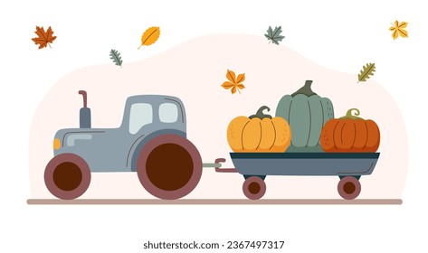 Tractor pulling pumpkins. Thanksgiving concept, harvest and autumn concept.	