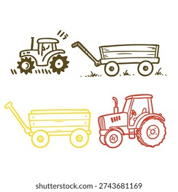 A tractor is pulling a wagon. The tractor is yellow and the wagon is red. The tractor is in the middle of the image