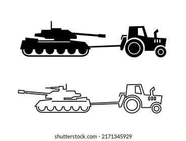 Tractor Pulls Tank Silhouette On White Background. Black Color And Outline Tractor With Tanks War Sign Symbol