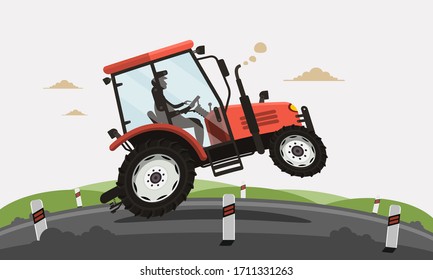 Tractor Raised on Rear Wheels on Asphalt Rod. Funny Agricultural Show Vector Illustration with Green Hills on Background.