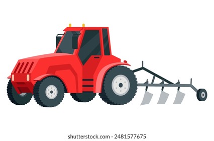 Tractor ready to plowing the field in rural or countryside land. Farm life, equipment for soil cultivation. Vector cartoon illustration