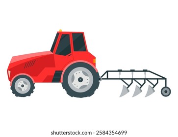 Tractor ready to plowing the field in rural or countryside land. Farm life, equipment for soil cultivation. Vector cartoon illustration