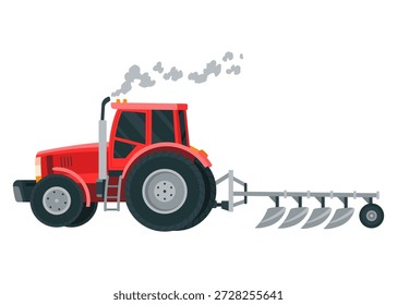 Tractor listo para arar el campo en tierra rural o rural. Vida de la granja, equipo para el cultivo del suelo. Vector ilustración de dibujos animados