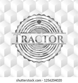 Tractor realistic grey emblem with geometric cube white background