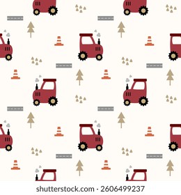 Tractor red cartoon so cute. On tree road traffic cone background. Pattern seamless vector illustration. 