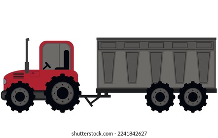 Zugmaschine, roter Traktoranhänger mit Container einzeln auf weißem Hintergrund. Aussaat oder Landwirtschaftliches Konzept. Vektorgrafik.