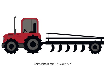 Traktor, roter Traktor mit Anhänger einzeln auf weißem Hintergrund. Aussaat oder Landwirtschaftliches Konzept. Vektorgrafik