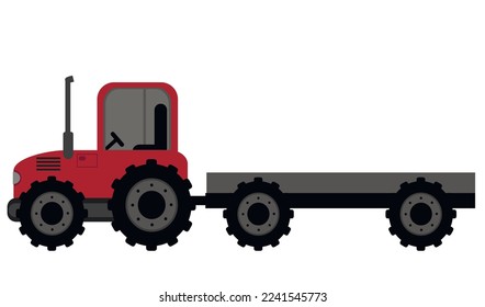 Tractor, red tractor with trailer isolated on white background. Sowing season or Agriculture concept. vector illustration.