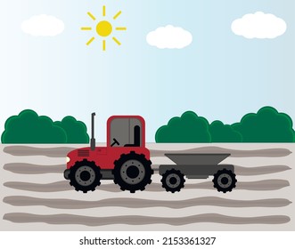 Tractor, red tractor with a trailer rides across the field. Sowing season or Agriculture concept. vector illustration