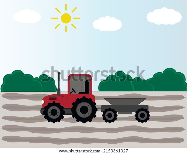 Tractor, red\
tractor with a trailer rides across the field. Sowing season or\
Agriculture concept. vector\
illustration