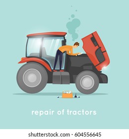 Tractor Repair. Mechanic, Agricultural Machinery. Flat Design Vector Illustrations.