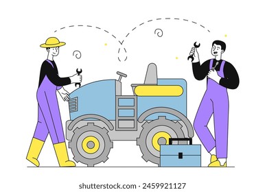 Traktor Reparatur einfach. Zwei Männer in Uniform mit Schlüsseln. Landwirtschaft und Landwirtschaft Landwirte beheben Probleme mit landwirtschaftlichen Transporten. Doodle flache Vektorillustration isoliert auf weißem Hintergrund