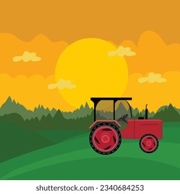 tractor in rice field, view of rice field, landscape view of village. vector illustration