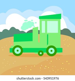 Tractor rides on the field. Working farm equipment. Forest glade with flowers. The sky with clouds. Agricultural work. Children's illustration. Vector.